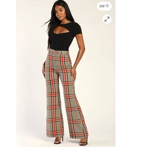 Free People Jules Orange Multi Plaid High Waisted Wide Leg Pants